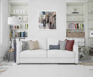 home lounge interior with a print of a painting London in the Rain in white frame on the wall