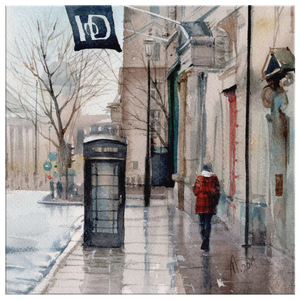 watercolour painting of London street near Institute of Directors wet with rain, long reflections on the pavement black phone box
