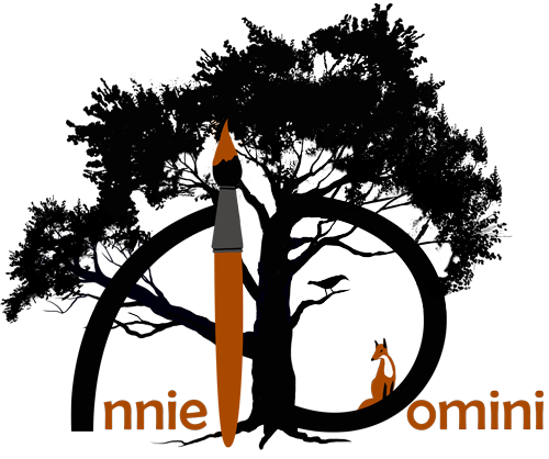 Annie Domini artist logo abbreviation AD letters made up of a tree and a brush a crow and a fox are part of the logo as well