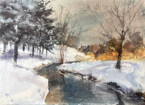 Winter River at Dusk, original watercolour landscape: a dark stream curves through snowy banks beneath winter trees and warm amber dusk light.