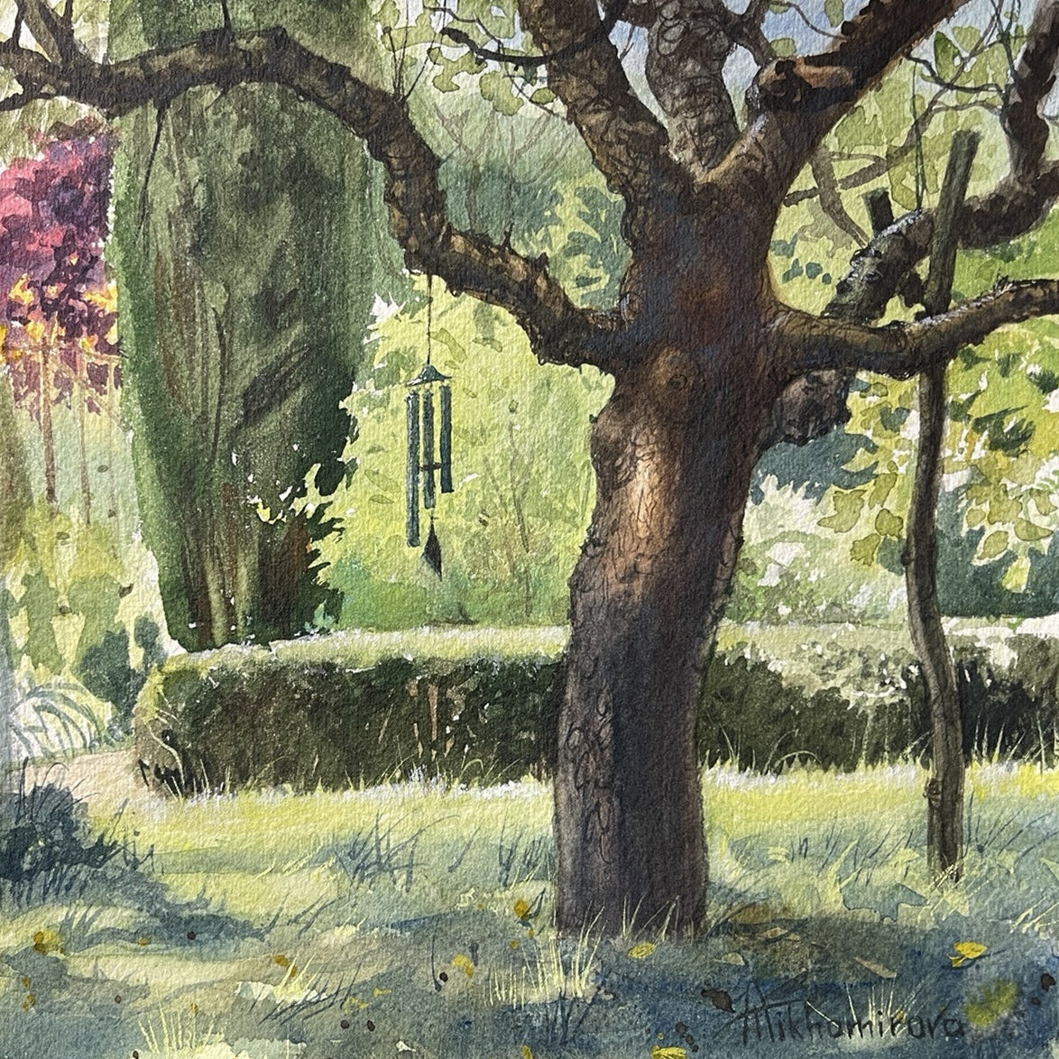 Beneath the Old Tree: signed original watercolour on paper showing a sunlit garden tree and hanging wind chime; 20 × 20 cm.