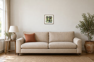 Interior display inspiration for Beneath the Old Tree at 20 × 20 cm; frame and furnishings are illustrative only. Original artwork sold unframed.