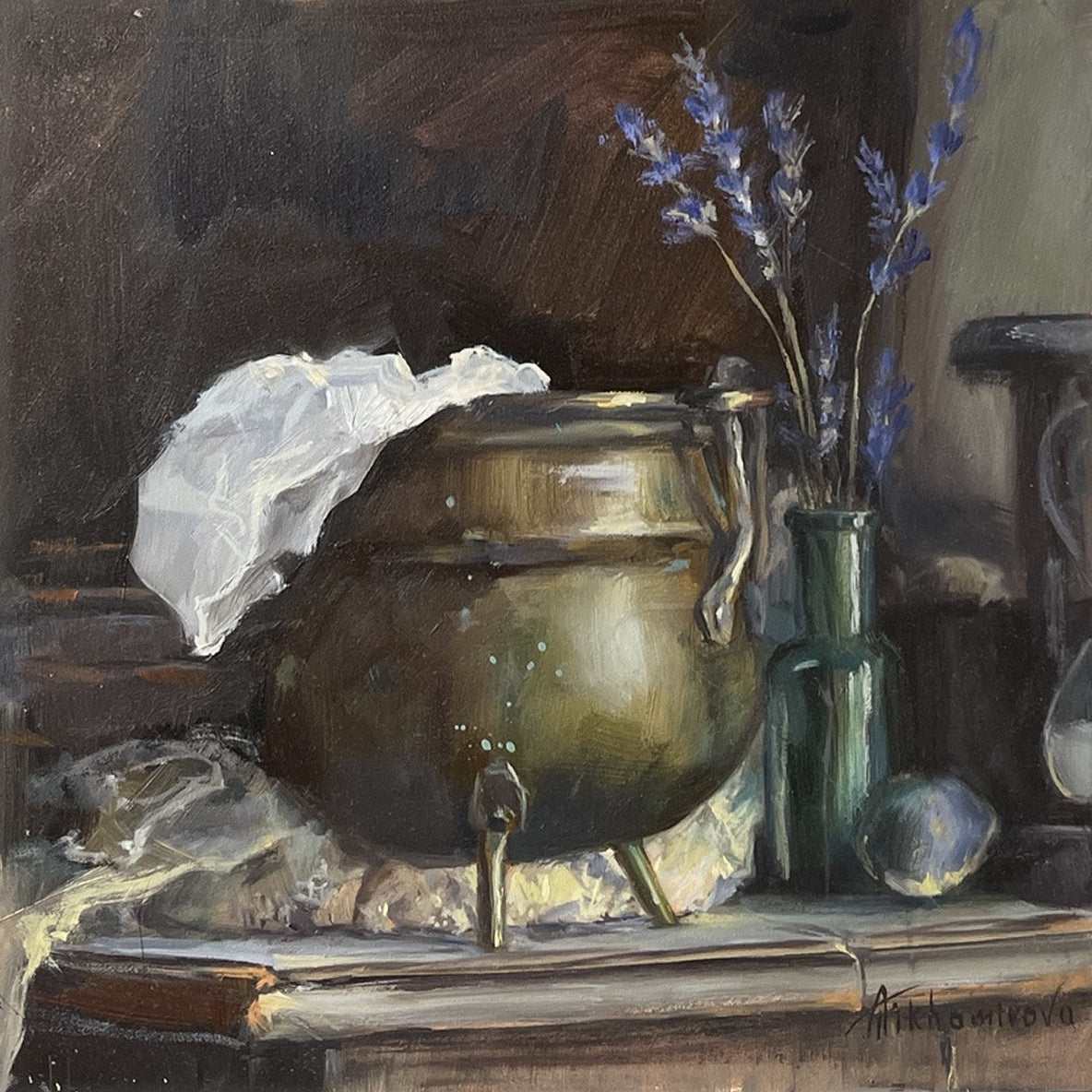 Brass and Lavender: signed original oil painting on Ampersand Claybord, with a brass pot, white cloth and lavender in green glass; 20 × 20 cm.