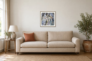 Interior display inspiration for Magnolia in Soft Light at 40 × 40 cm; frame and furnishings are illustrative only. Original artwork sold unframed.