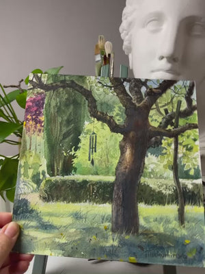 Video of Beneath the Old Tree showing the original signed watercolour on paper and its surface.