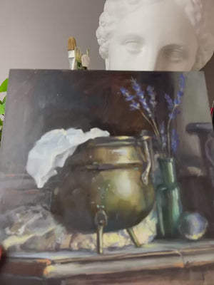 Video of Brass and Lavender showing the original oil painting and its surface on Ampersand Claybord.