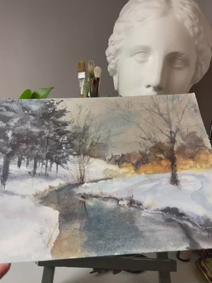 Video view of Winter River at Dusk, the original unframed watercolour landscape on paper.