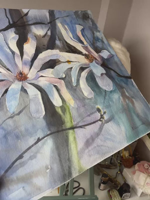 Video of Magnolia in Soft Light showing the original signed watercolour on paper and its surface.