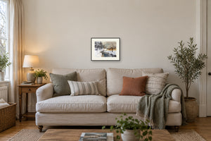 Framed interior display inspiration showing the original Winter River at Dusk watercolour at a small, realistic scale; sold unframed.