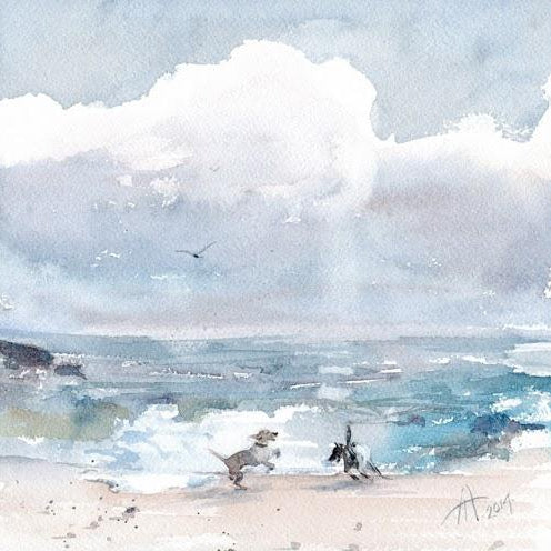 Dogs Playing by the Sea