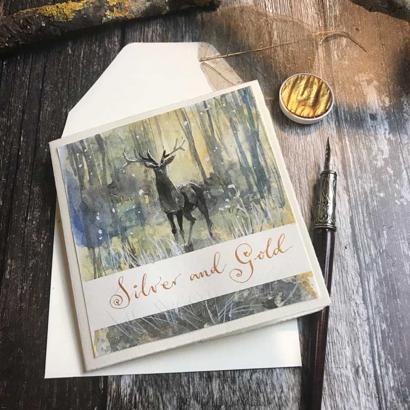 Silver and Gold - handmade watercolour greeting card