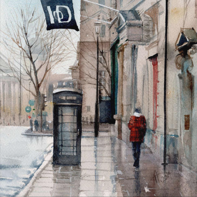 watercolour painting of London street near Institute of Directors wet with rain, long reflections on the pavement black phone box