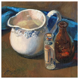 square oil still life depicting apothecary bottles and a white jug on brown background with blue cloth thrown behind the objects